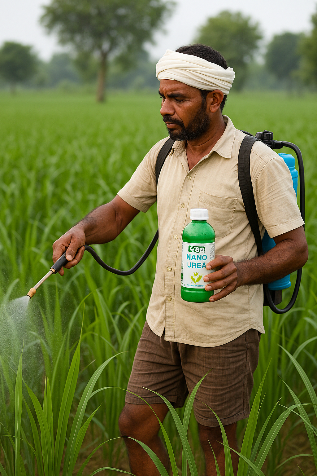 फसल पर नैनो यूरिया का छिड़काव करते हुए किसान
